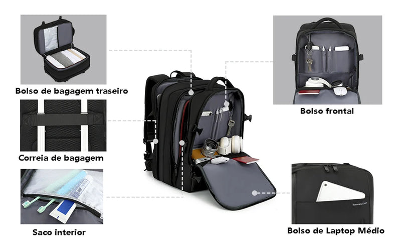 Mochila Masculina de Viagem Expansível USB Integrado