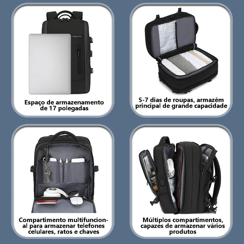 Mochila Masculina de Viagem Expansível USB Integrado