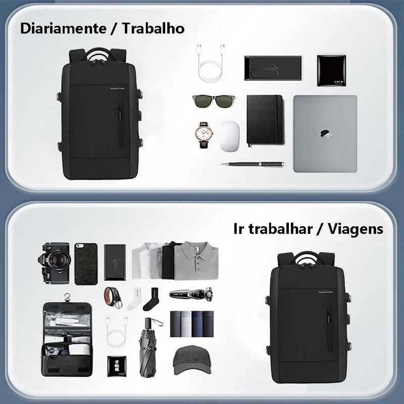 Mochila Masculina de Viagem Expansível USB Integrado