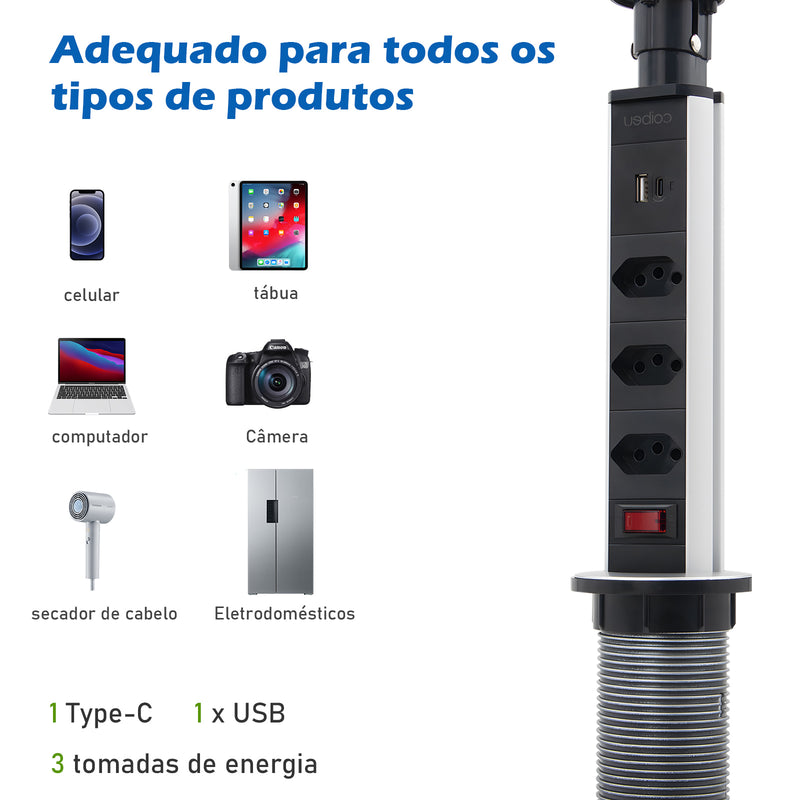Torre de Tomadas Retrátil de Embutir – 3 Tomadas + USB e USB-C | Filtro de Linha para Bancada