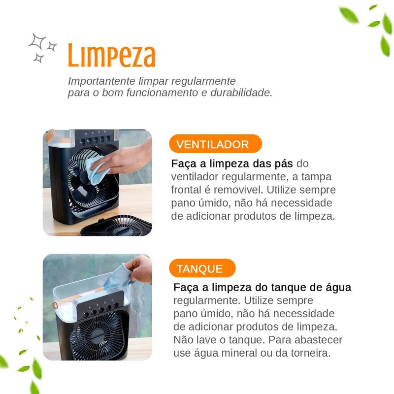 Ventilador Portátil de Mesa Mini Ar Condicionado Umidificador Climatizador Led Água e Gelo 3 Velocidades Led