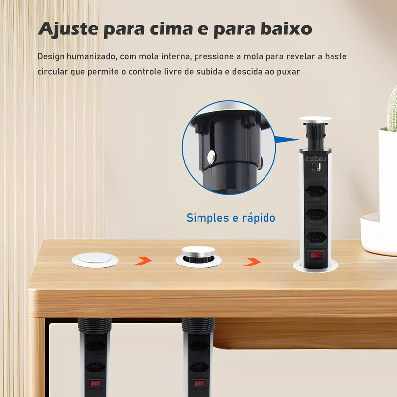 Torre de Tomadas Retrátil de Embutir – 3 Tomadas + USB e USB-C | Filtro de Linha para Bancada