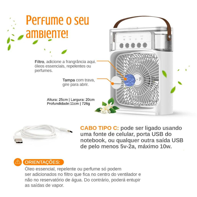 Ventilador Portátil de Mesa Mini Ar Condicionado Umidificador Climatizador Led Água e Gelo 3 Velocidades Led