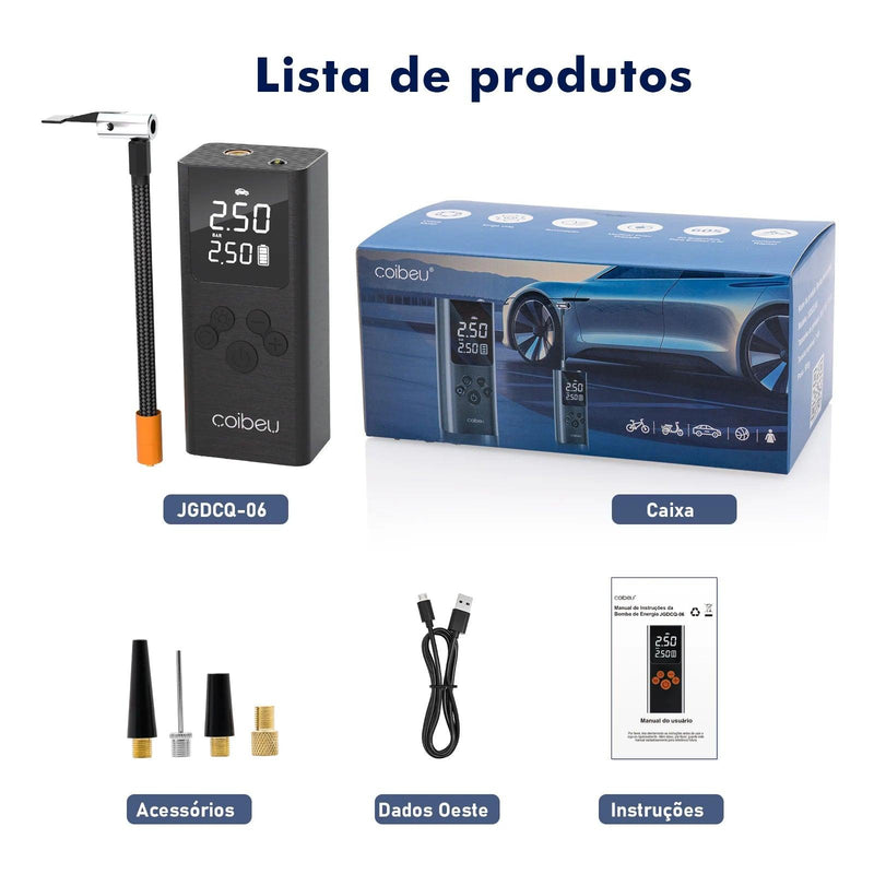 Mini Bomba Compressora de Ar sem fio Recarregável Portátil para carro