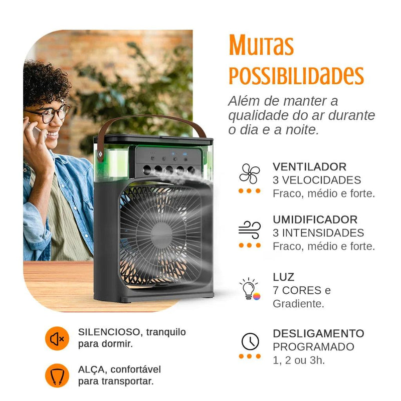 Ventilador Portátil de Mesa Mini Ar Condicionado Umidificador Climatizador Led Água e Gelo 3 Velocidades Led