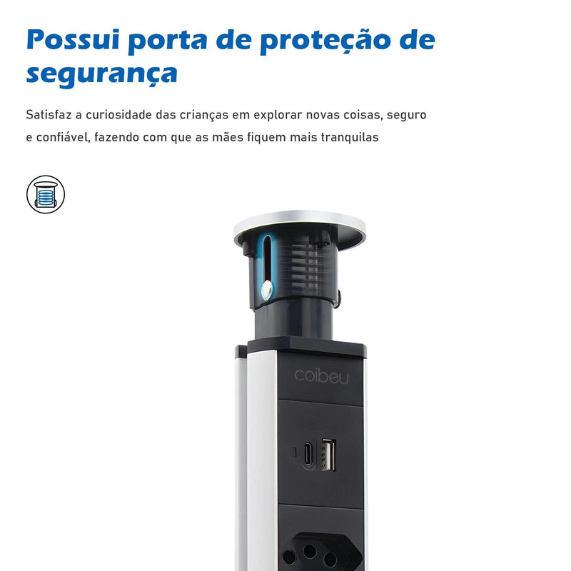 Torre de Tomadas Retrátil de Embutir – 3 Tomadas + USB e USB-C | Filtro de Linha para Bancada