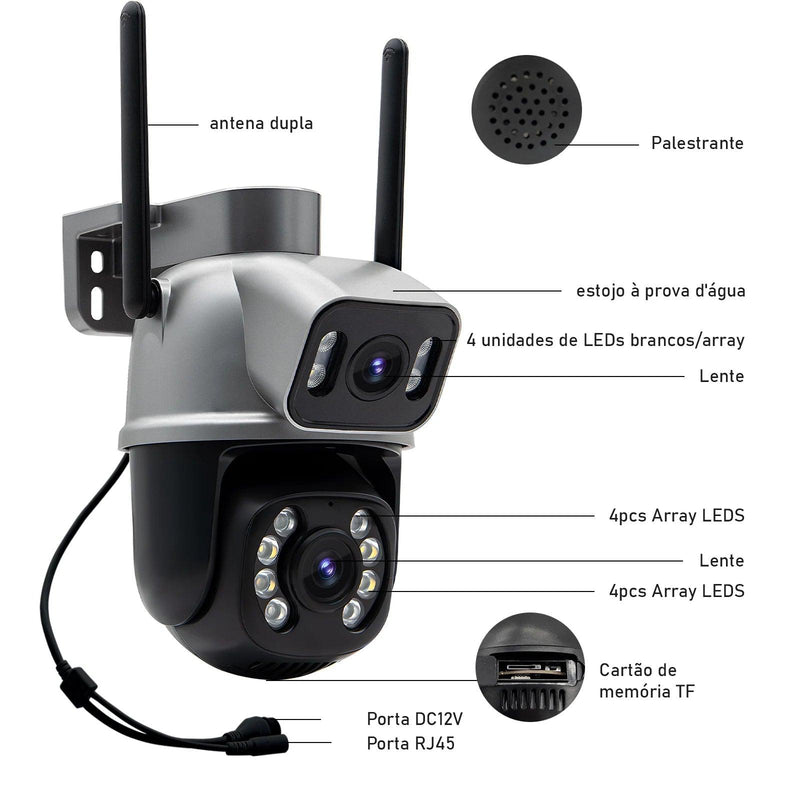 Câmera IP a Prova D'agua WiFi, Sem Fio HD 3MP, Visão Noturna Infravermelha