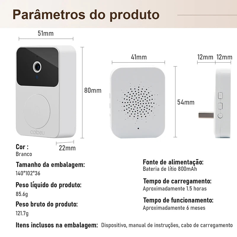 Interfone Inteligente com Camera e Audio Wifi- Visão Noturna e sem fio