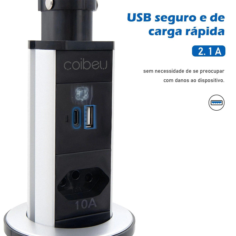 Torre de Tomadas Retrátil de Embutir – 3 Tomadas + USB e USB-C | Filtro de Linha para Bancada