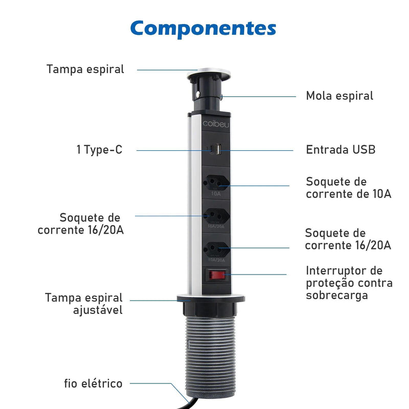 Torre de Tomadas Retrátil de Embutir – 3 Tomadas + USB e USB-C | Filtro de Linha para Bancada