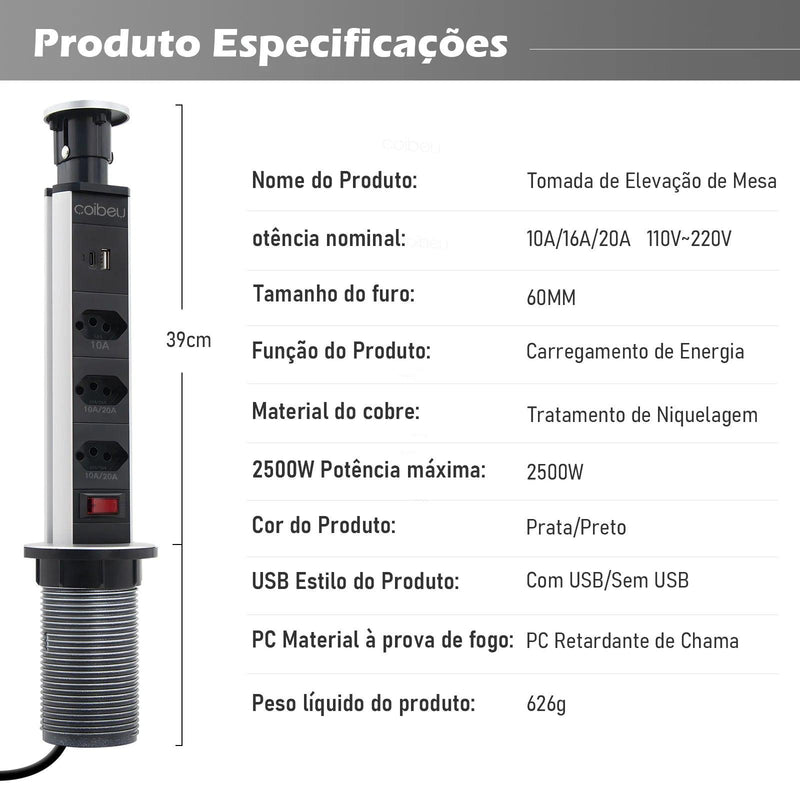 Torre de Tomadas Retrátil de Embutir – 3 Tomadas + USB e USB-C | Filtro de Linha para Bancada